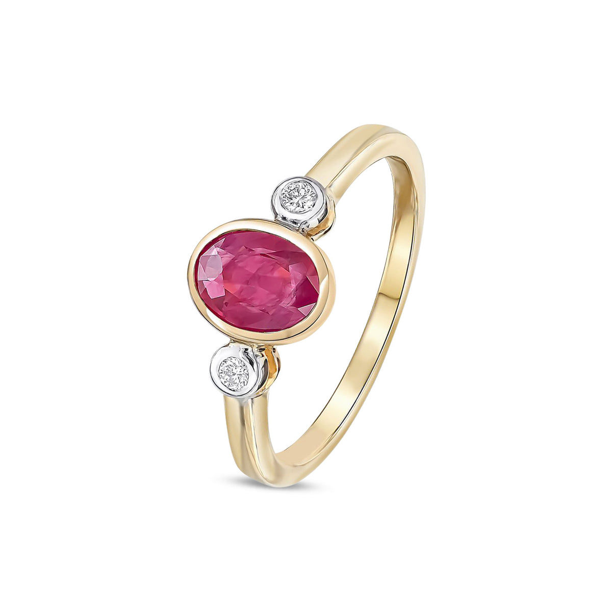 9ct Yellow Gold Oval Natural Ruby and Diamond Three Stone Rubover Ring