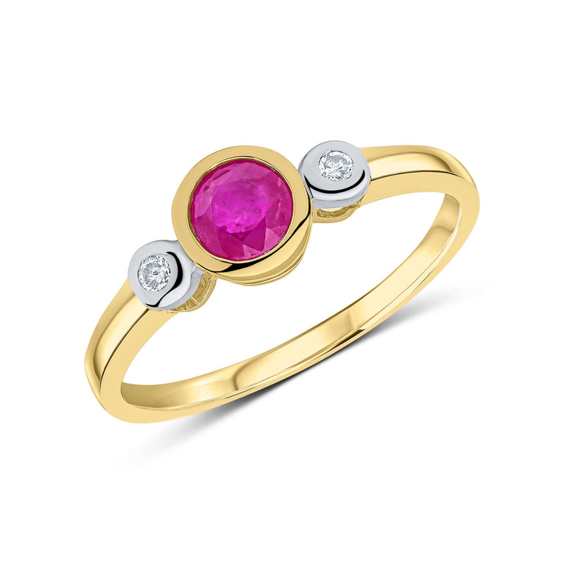 9ct Yellow Gold Round Natural Ruby & Natural Diamond Three Stone Ring — 5mm
