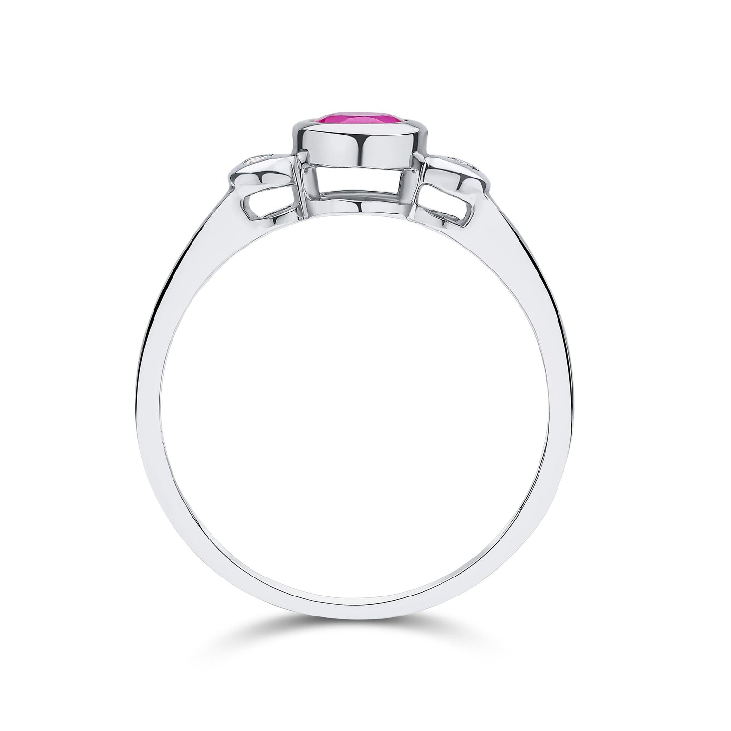 9ct White Gold Round Ruby & Diamond Rubover Three Stone Ring — 5mm