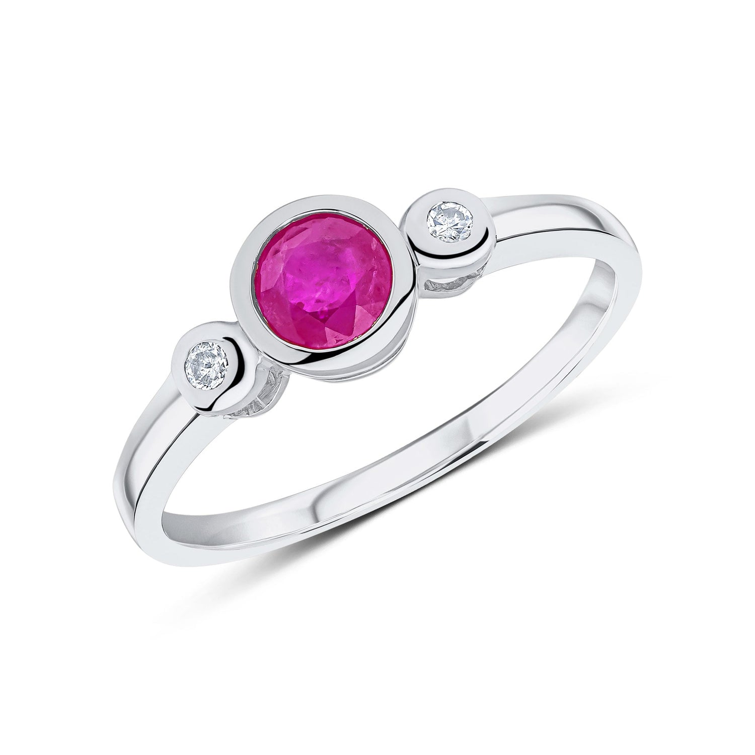 9ct White Gold Round Ruby & Diamond Rubover Three Stone Ring — 5mm