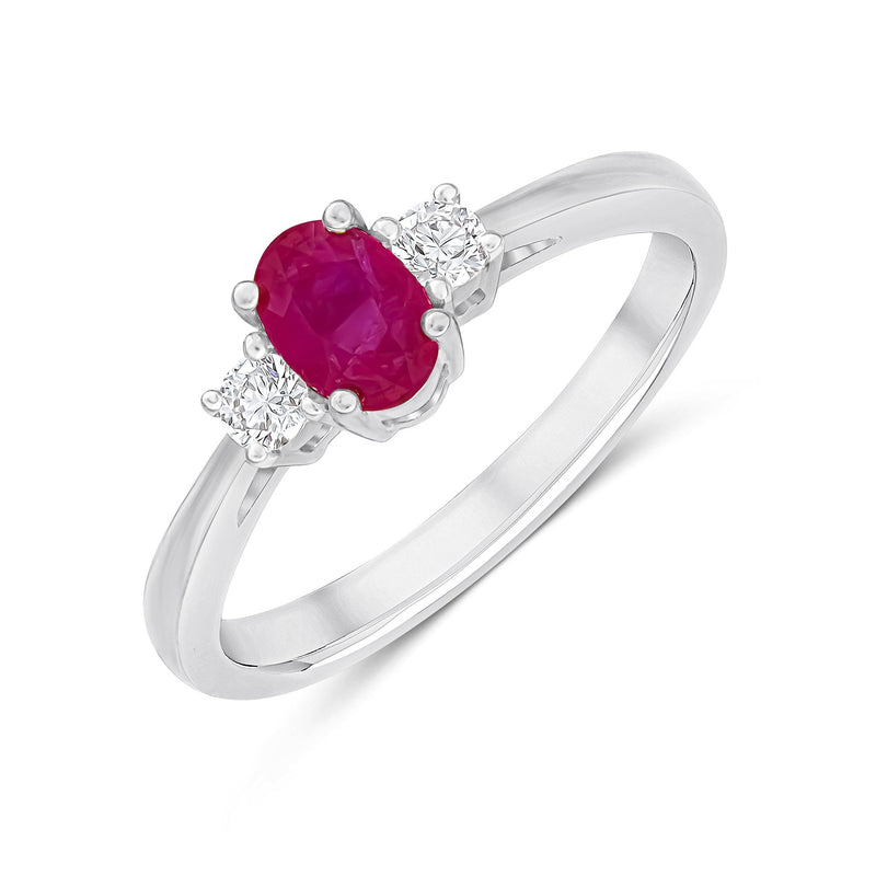 9ct White Gold Oval Natural Ruby & Natural Diamond Claw Three Stone Ring — 6×4mm