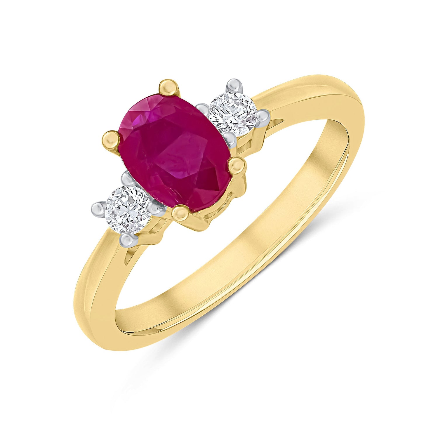 9ct Yellow Gold Oval Natural Ruby and Round Diamond Claw Set Three Stone Ring — 7x5mm