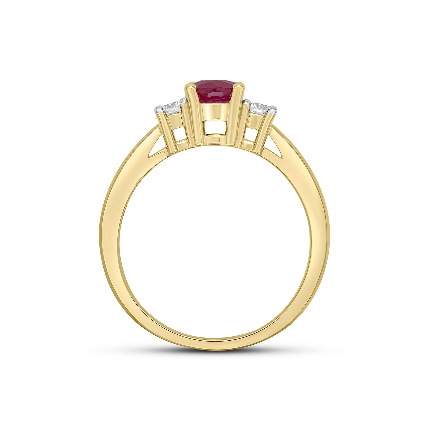 9ct Yellow Gold Oval Natural Ruby and Round Diamond Claw Set Three Stone Ring — 7x5mm