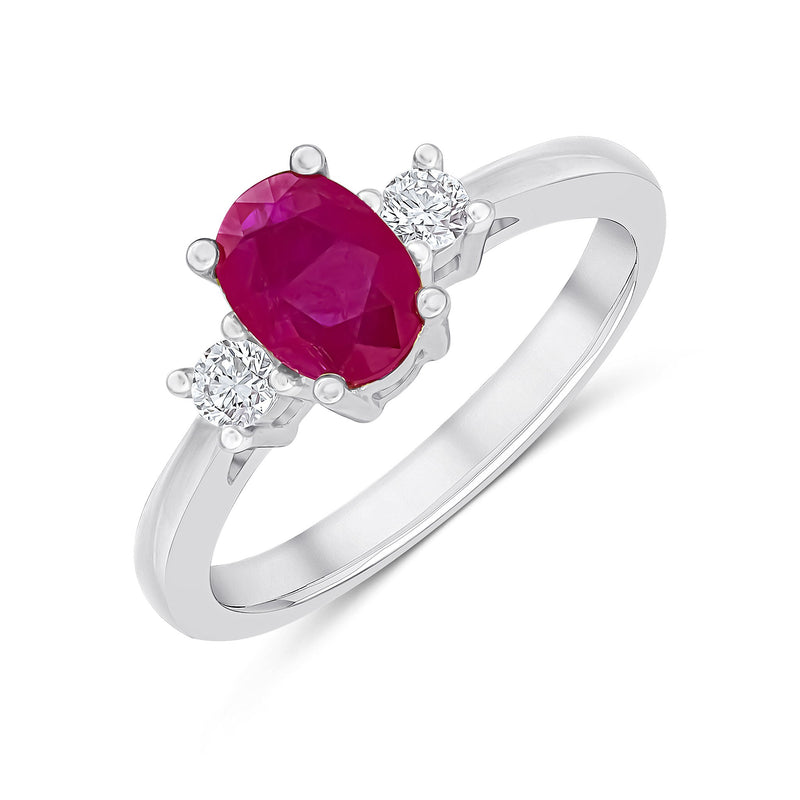 9ct White Gold Oval Natural Ruby & Natural Round Diamond Claw Set Three Stone Ring — 7×5mm