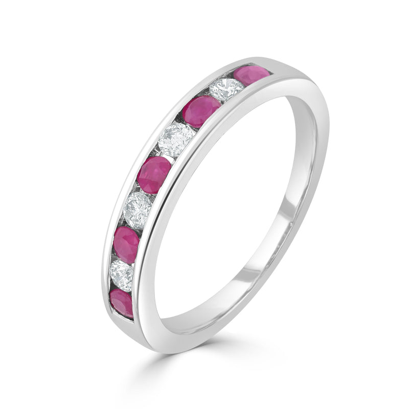 9ct White Gold Round Natural Ruby & Natural Diamond Nine Stone Half Eternity Ring
