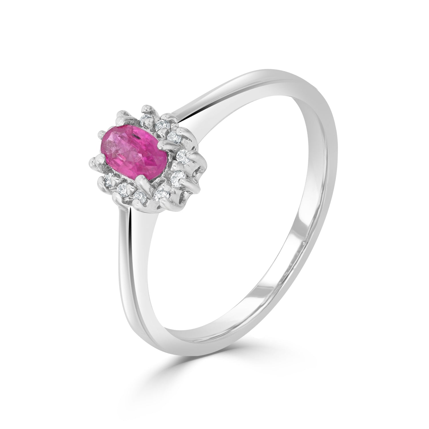 9ct White Gold Oval Ruby & Diamond Claw Set Cluster Ring — 5x3mm