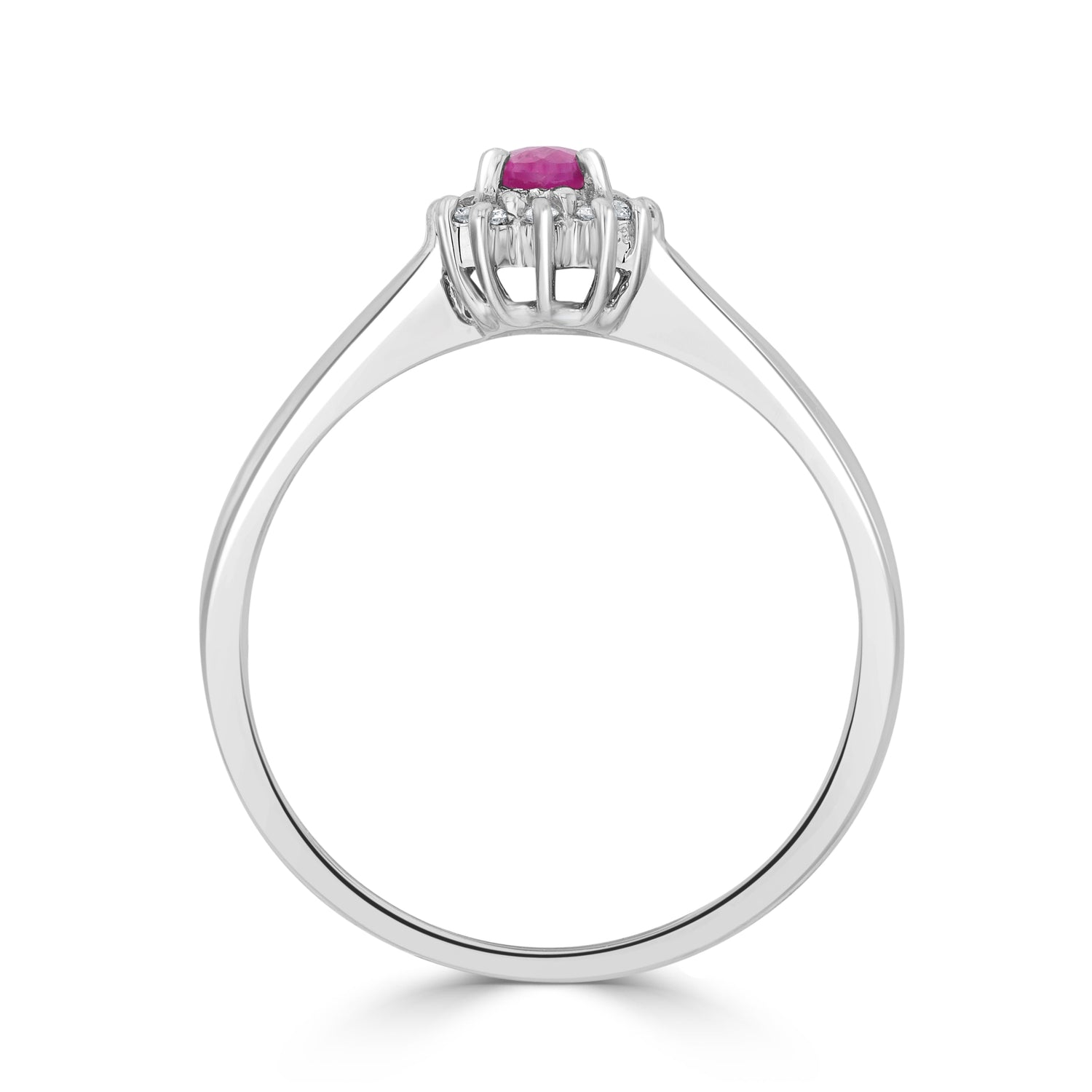 9ct White Gold Oval Ruby & Diamond Claw Set Cluster Ring — 5x3mm