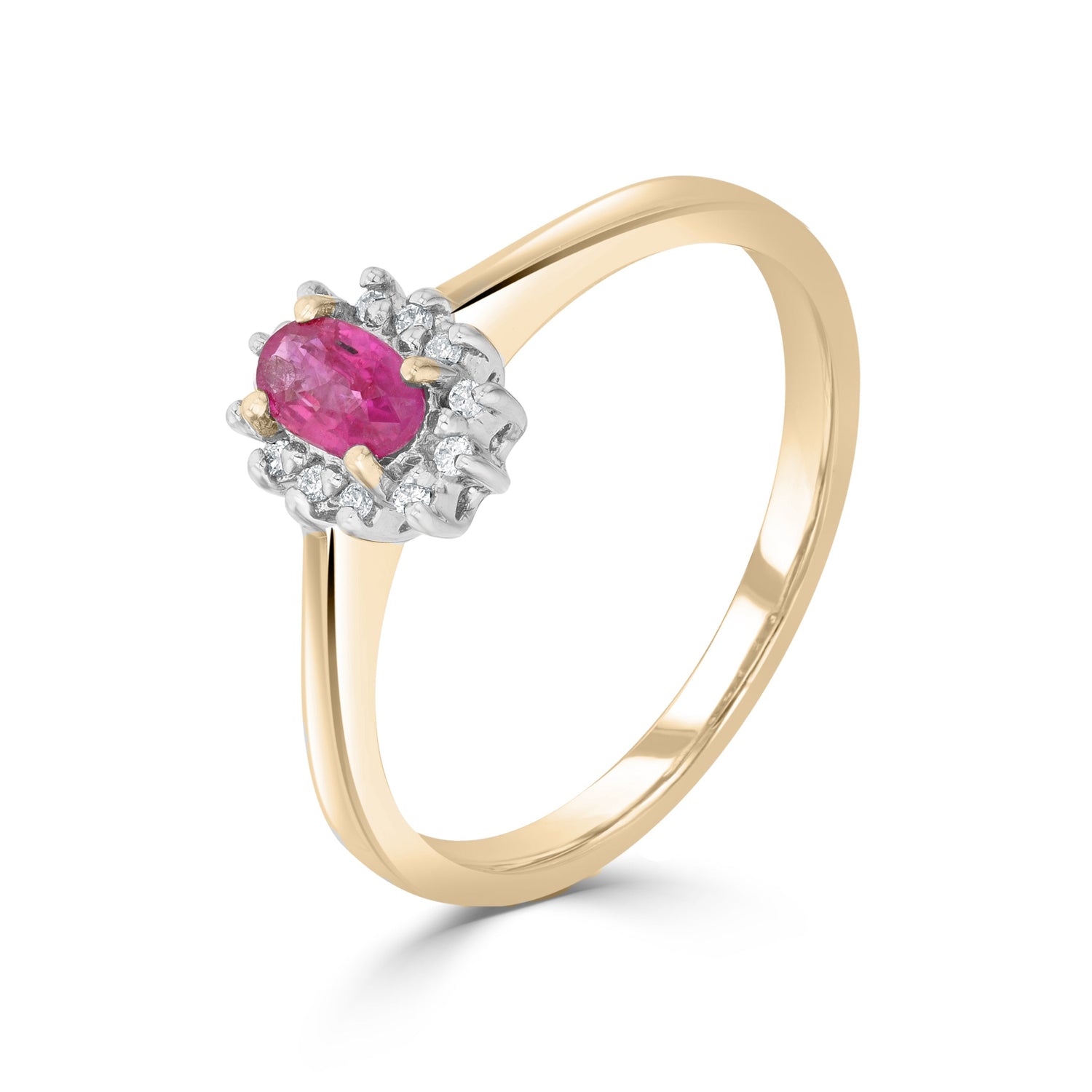 9ct Yellow Gold Oval Ruby & Diamond Claw Set Cluster Ring — 5x3mm