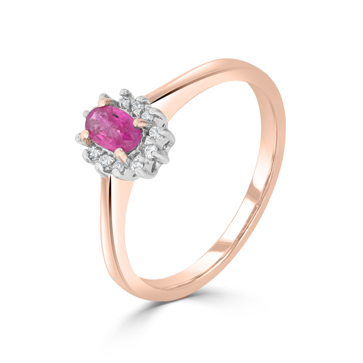 9ct Rose Gold Oval Natural Ruby and Diamond Claw Set Cluster Ring — 5x3mm