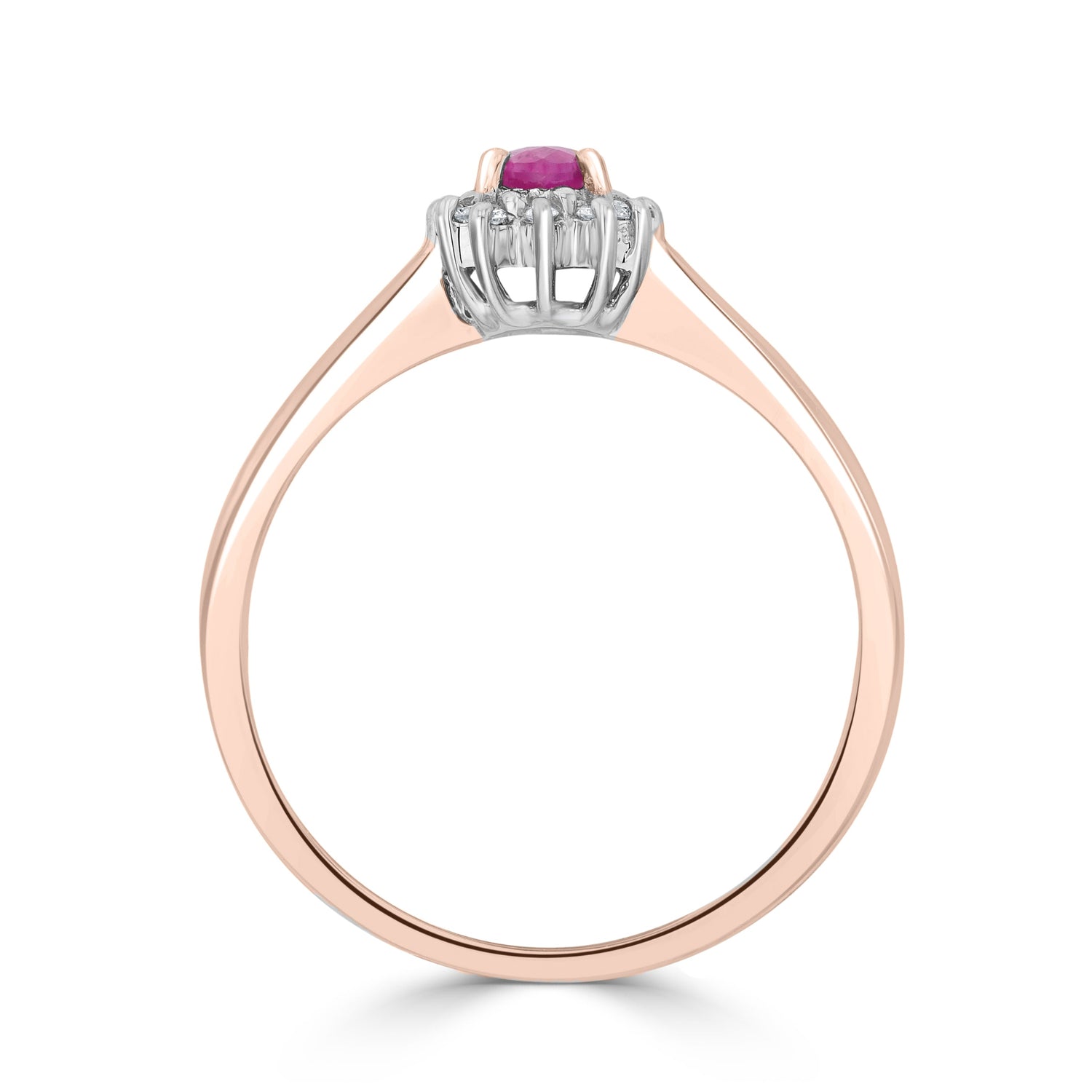 9ct Rose Gold Oval Natural Ruby and Diamond Claw Set Cluster Ring — 5x3mm