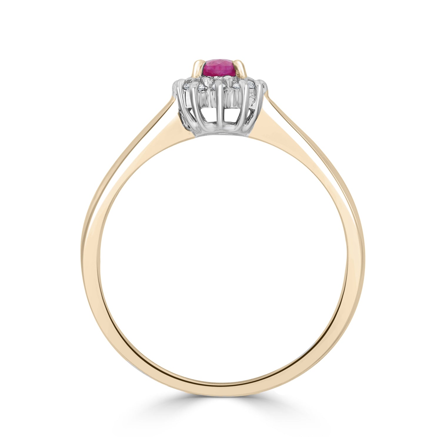 9ct Yellow Gold Oval Ruby & Diamond Claw Set Cluster Ring — 5x3mm