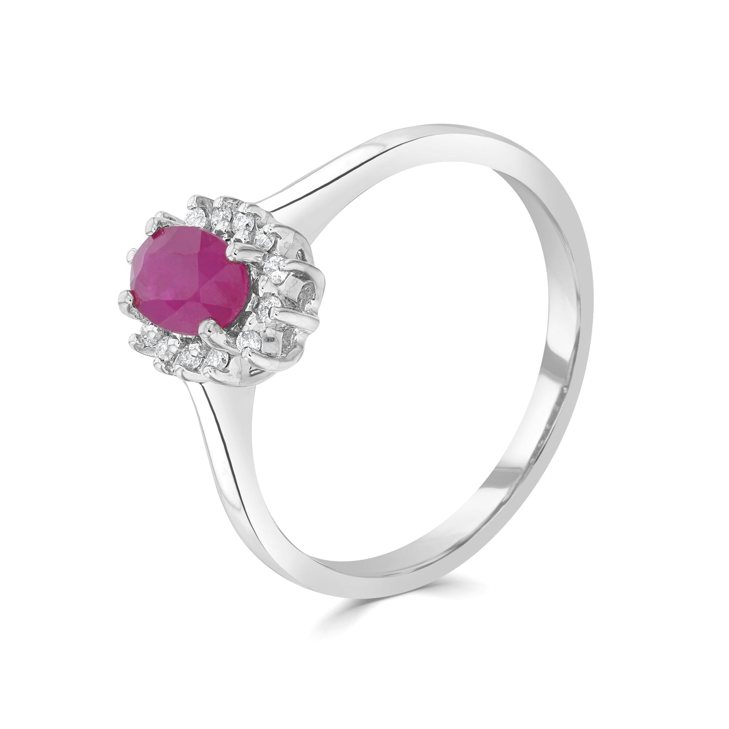 9ct White Gold Oval Natural Ruby and Diamond Cluster Ring — 6x4mm