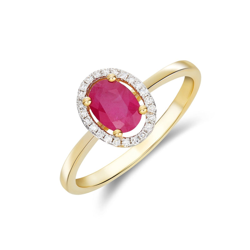 9ct Yellow Gold Oval Natural Ruby & Natural Diamond Halo Cluster Ring — 7×5mm