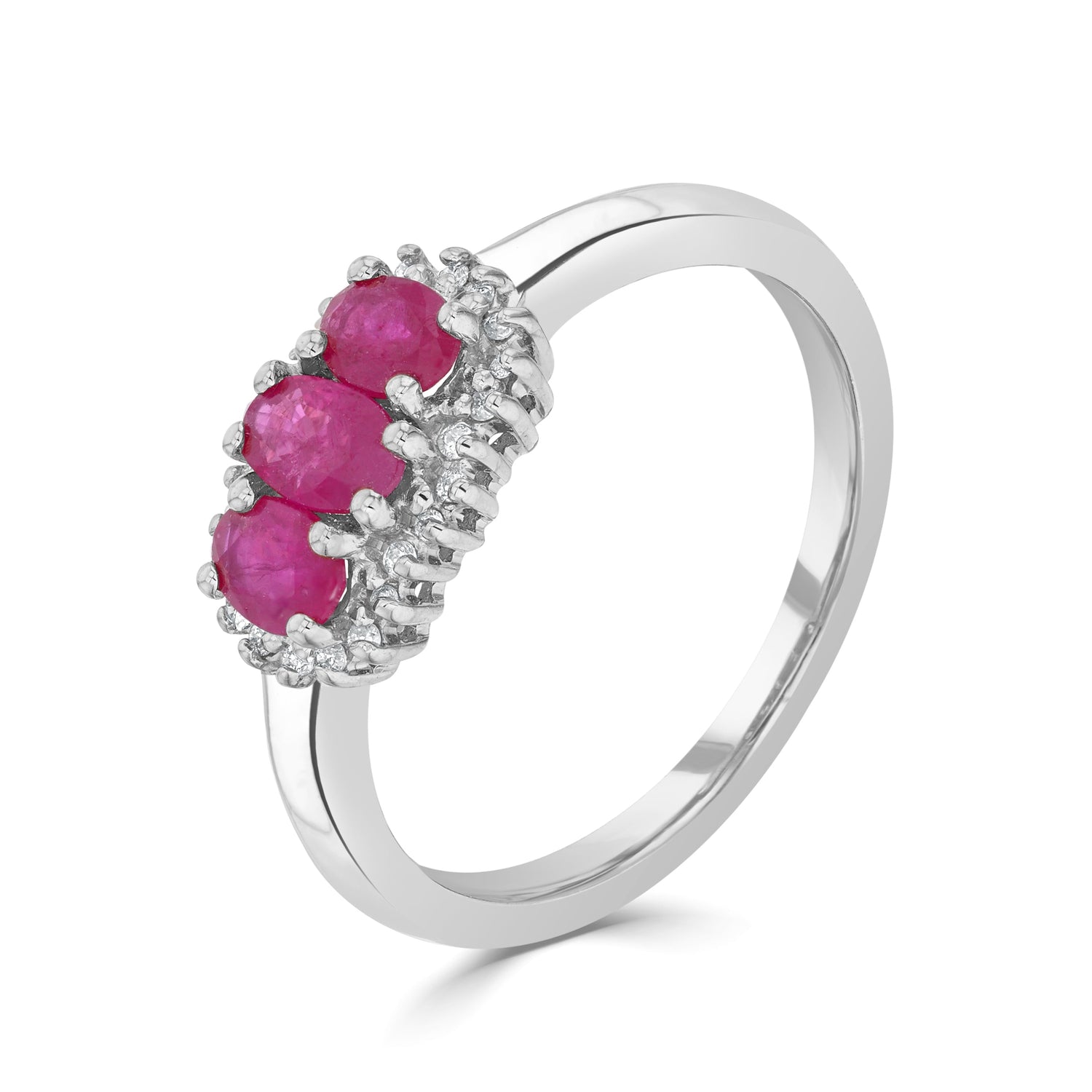 9ct White Gold Oval Natural Ruby and Diamond Triple Cluster Ring — 5x3mm