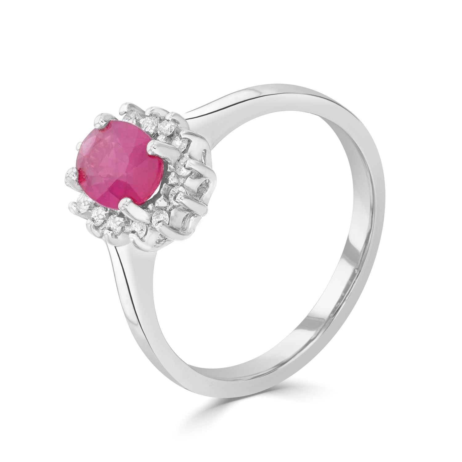 9ct White Gold Oval Natural Ruby and Diamond Claw Set Cluster Ring — 7x5mm