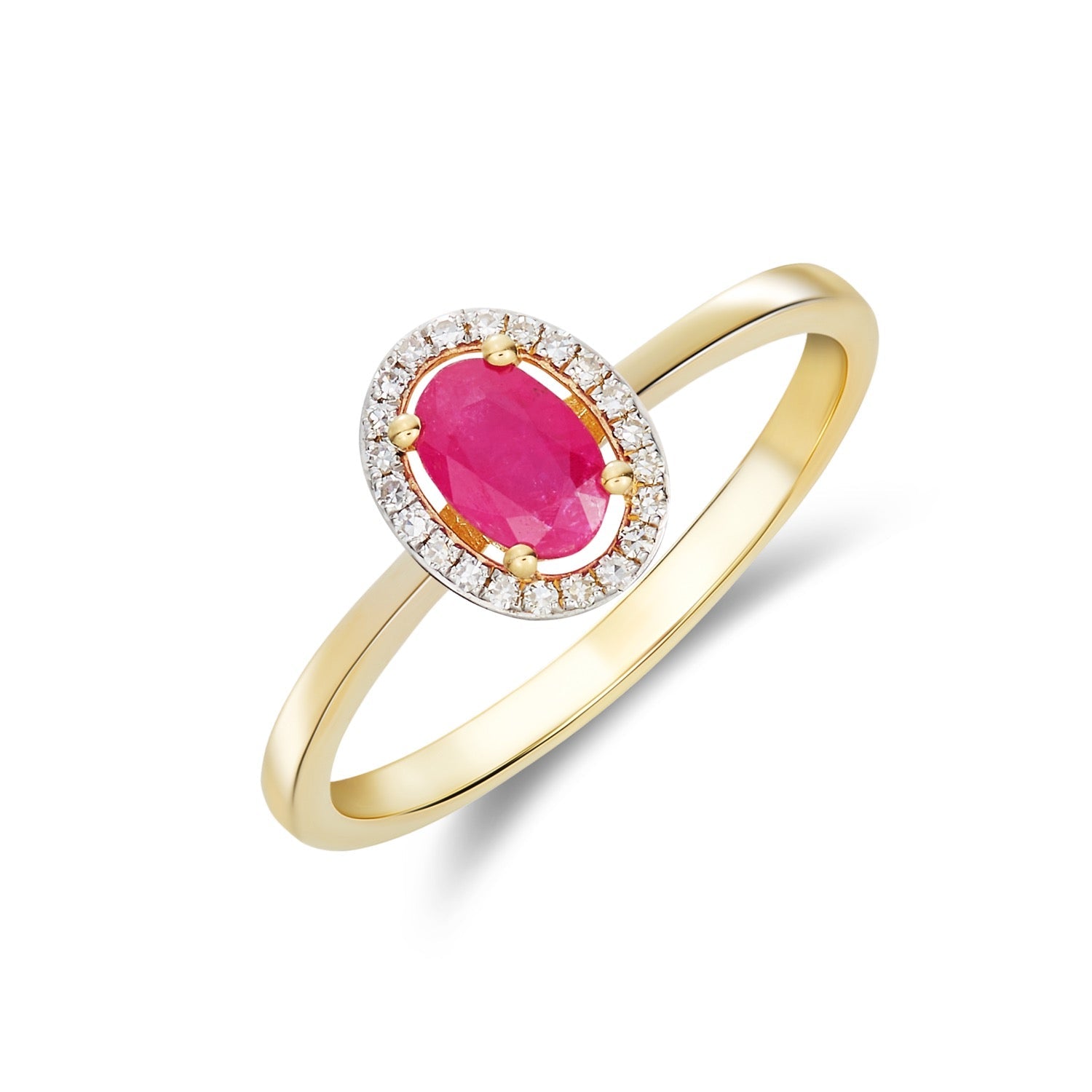 9ct Yellow Gold Oval Ruby & Round Diamond Halo Cluster Ring — 6x4mm
