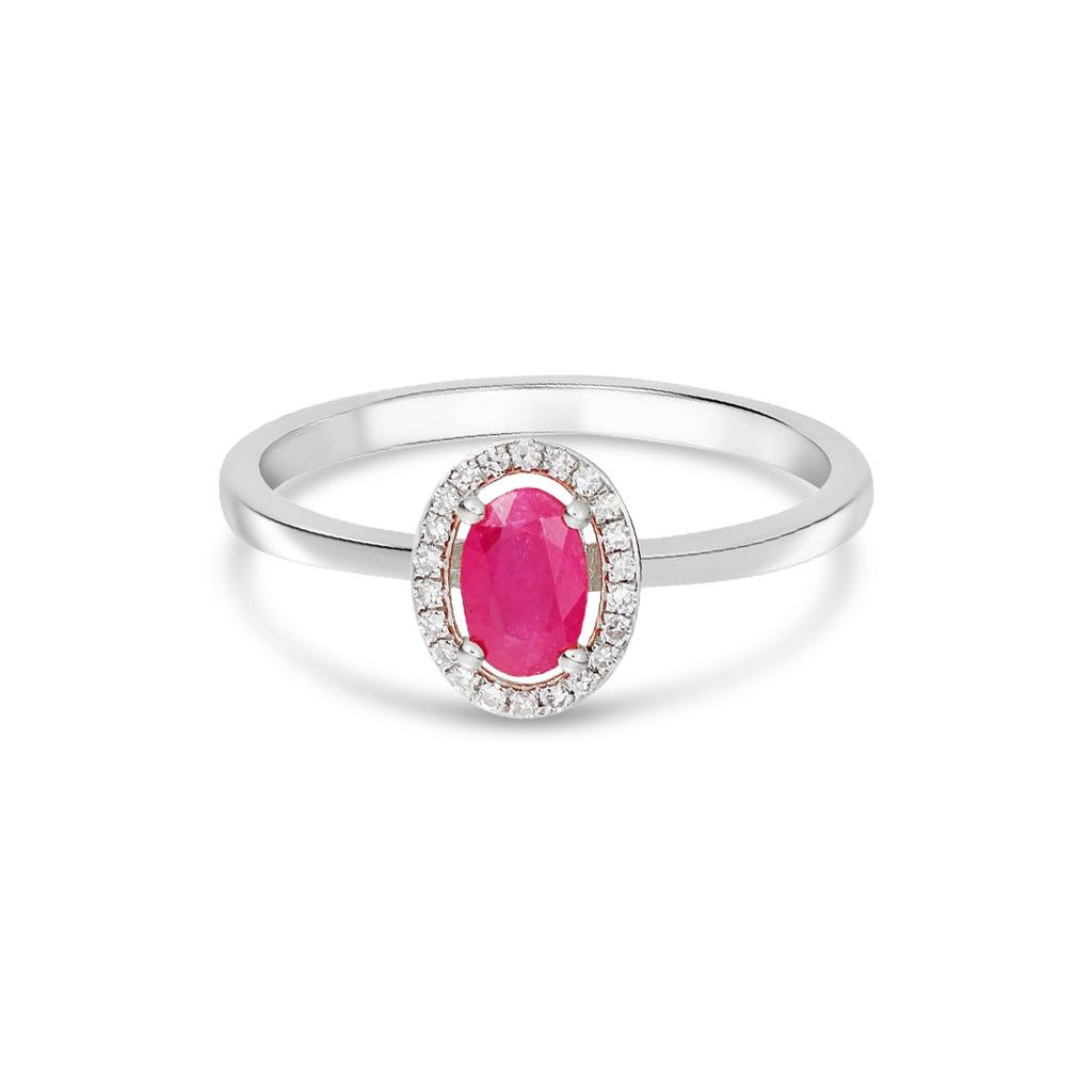 9ct White Gold Oval Natural Ruby and Round Diamond Halo Cluster Ring — 6x4mm