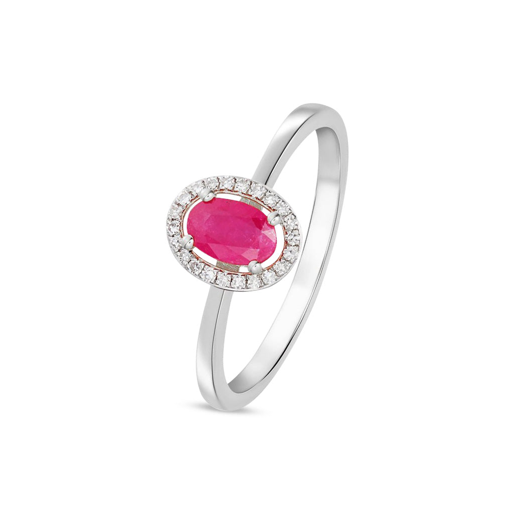 9ct White Gold Oval Natural Ruby and Round Diamond Halo Cluster Ring — 6x4mm