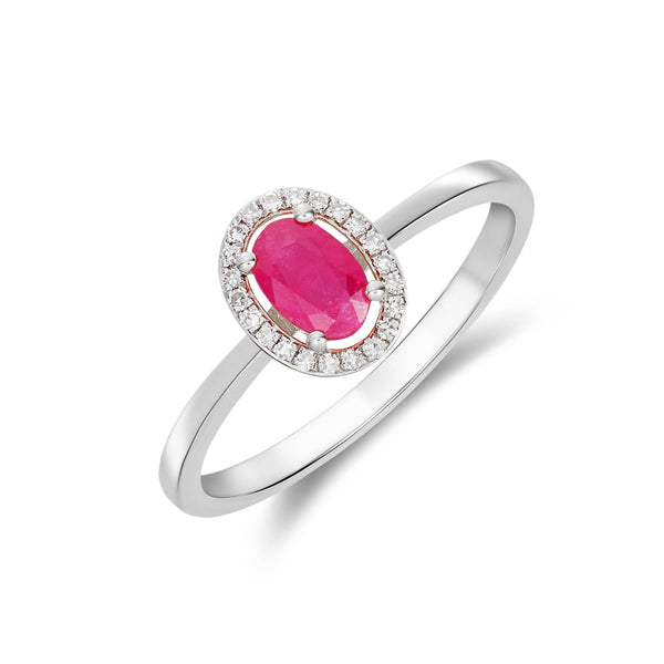 9CT White Gold Oval Ruby & Diamond Halo Cluster Ring 6x4mm