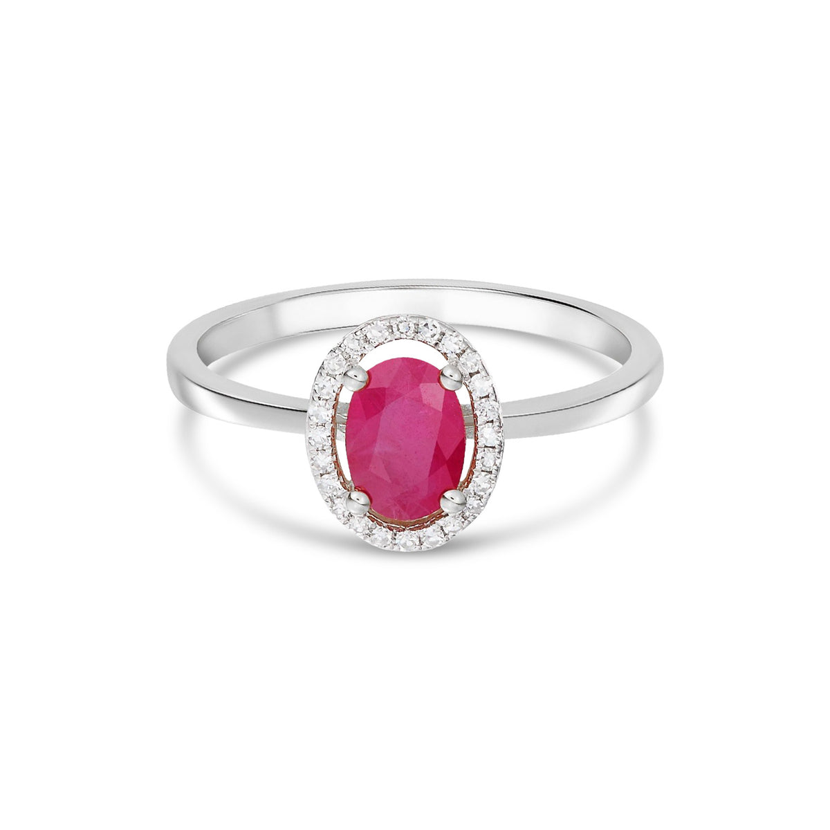 9ct White Gold Oval Natural Ruby and Diamond Halo Cluster Ring — 7x5mm