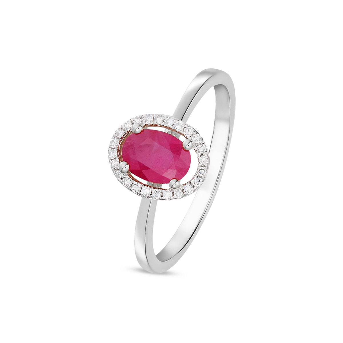 9ct White Gold Oval Natural Ruby and Diamond Halo Cluster Ring — 7x5mm