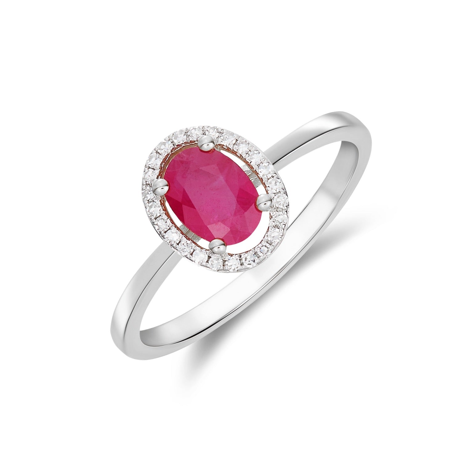 9ct White Gold Oval Natural Ruby and Diamond Halo Cluster Ring — 7x5mm