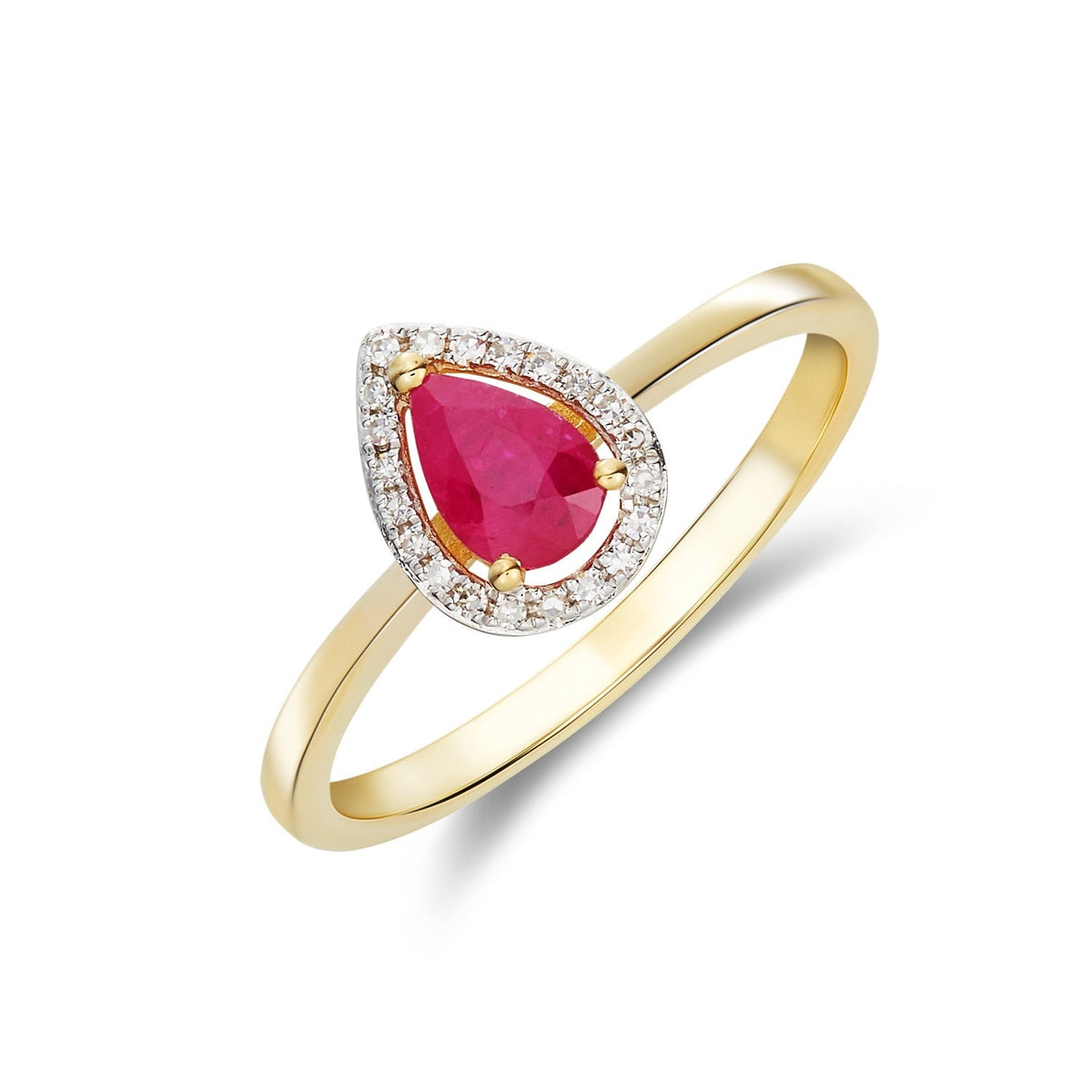 9ct Yellow Gold Pear Shaped Natural Ruby and Diamond Halo Claw Set Cluster Ring — 6x4mm