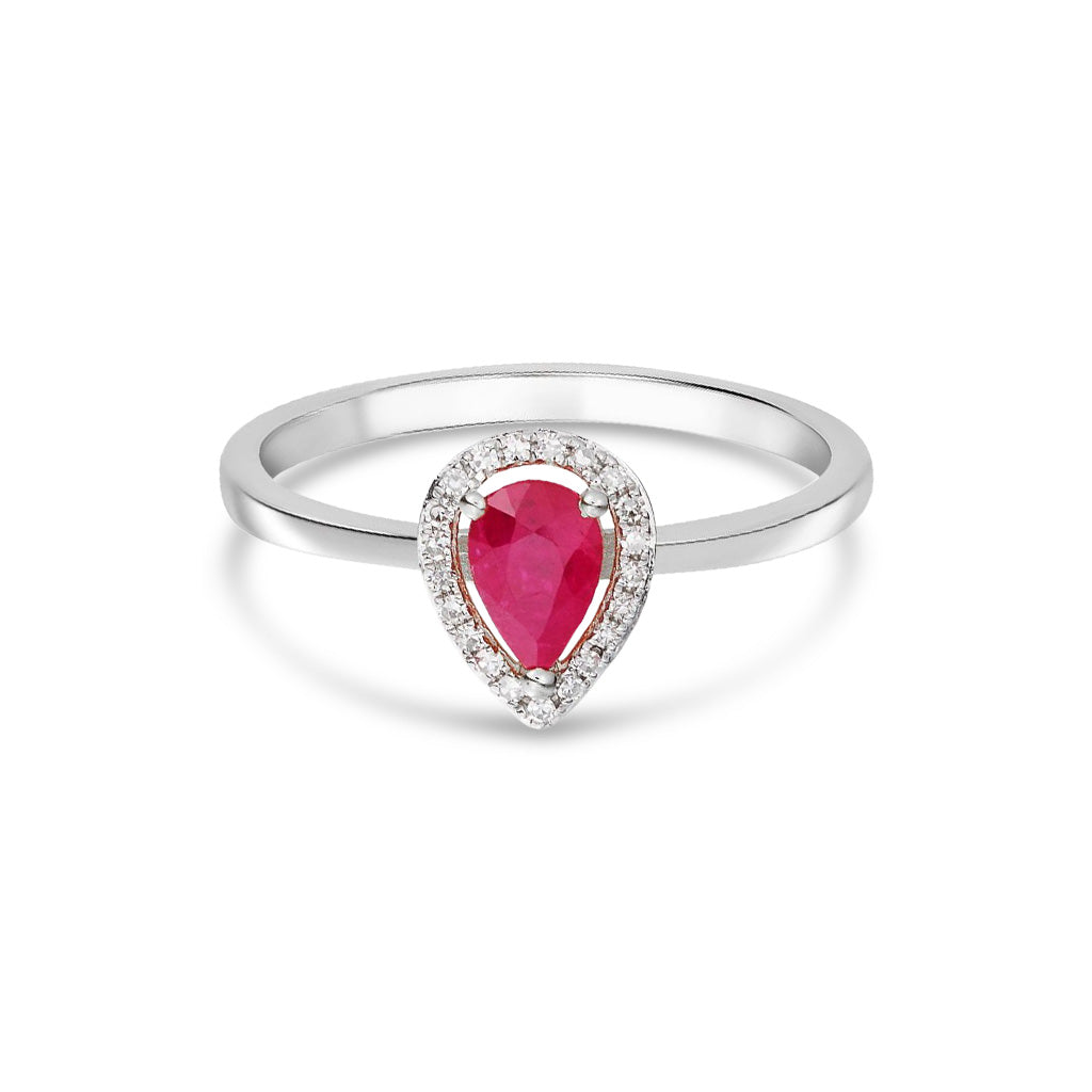 9ct White Gold Pear Shaped Natural Ruby and Diamond Halo Claw Set Cluster Ring — 6x4mm