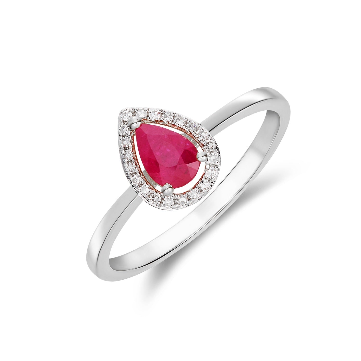 9ct White Gold Pear Shape Ruby & Diamond Halo Claw Set Cluster Ring — 6x4mm