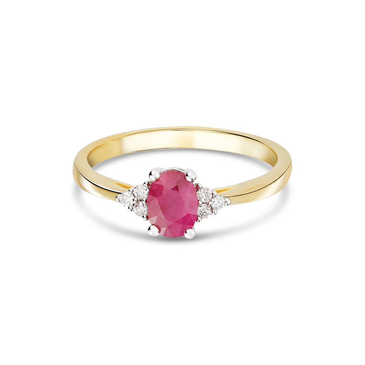 9ct Yellow Gold Oval Natural Ruby and Diamond Trefoil Ring — 7x5mm