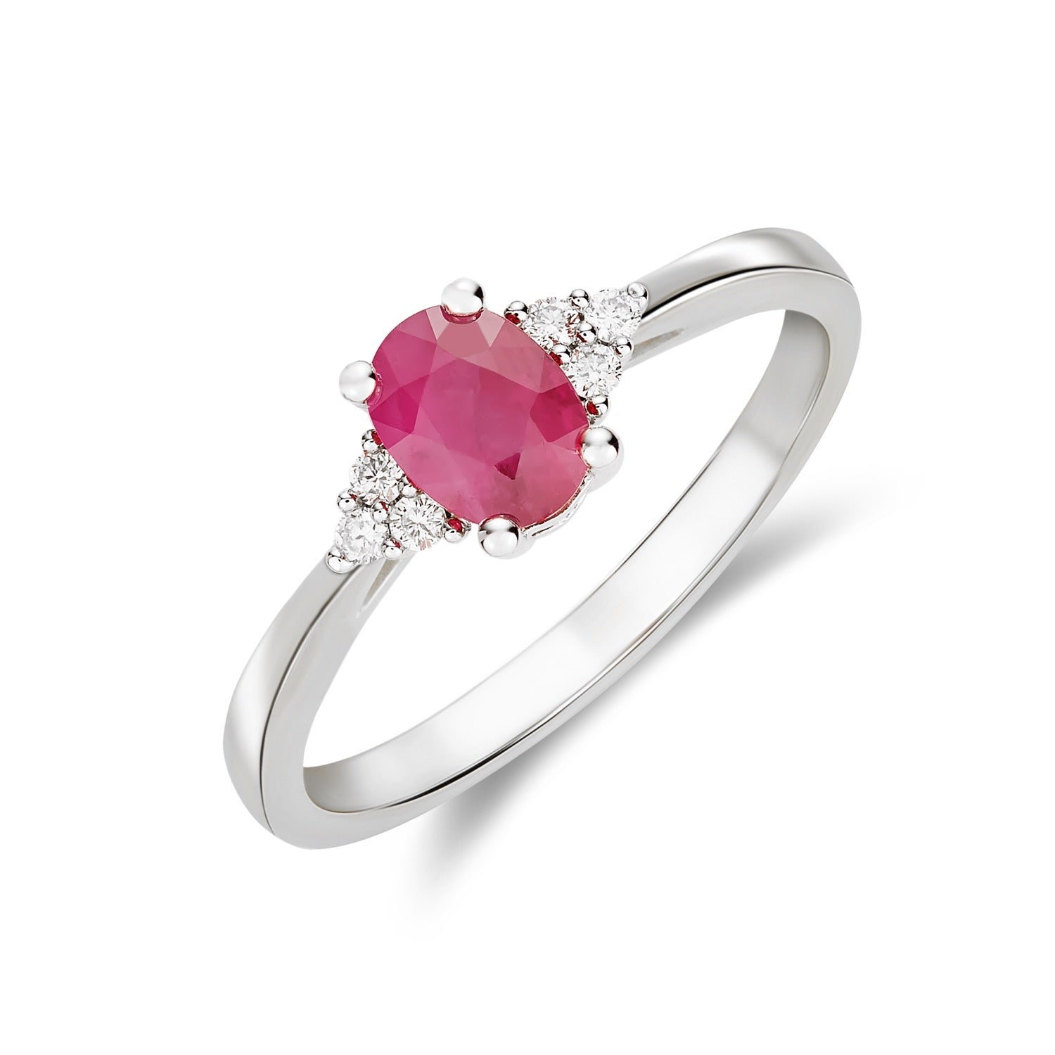 9ct White Gold Oval Natural Ruby and Diamond Trefoil Shoulder Claw Set Ring — 7x5mm