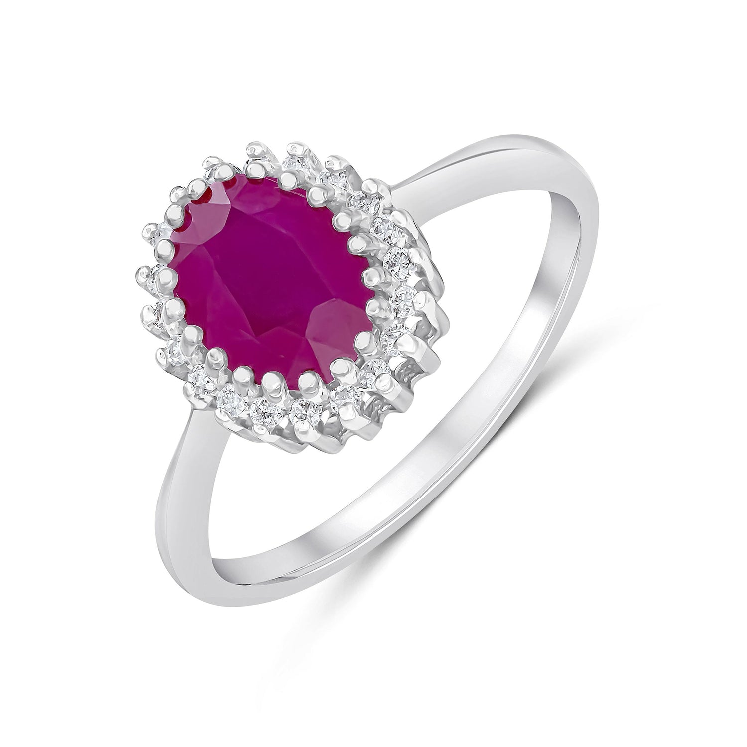 9ct White Gold Oval Natural Ruby and Diamond Cluster Ring — 8x6mm