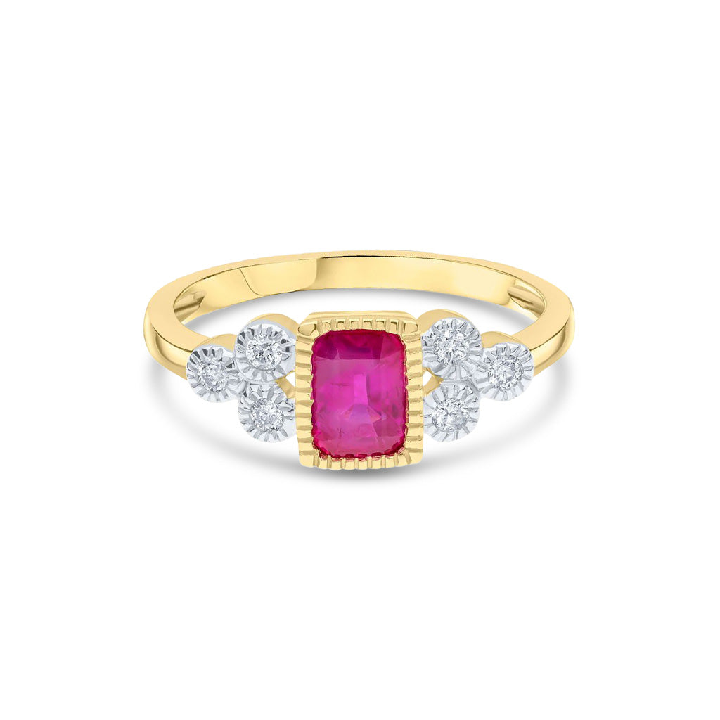 9ct Yellow Gold Octagonal Emerald Cut Natural Ruby and Diamond Millegrain Trefoil Ring — 6x4mm