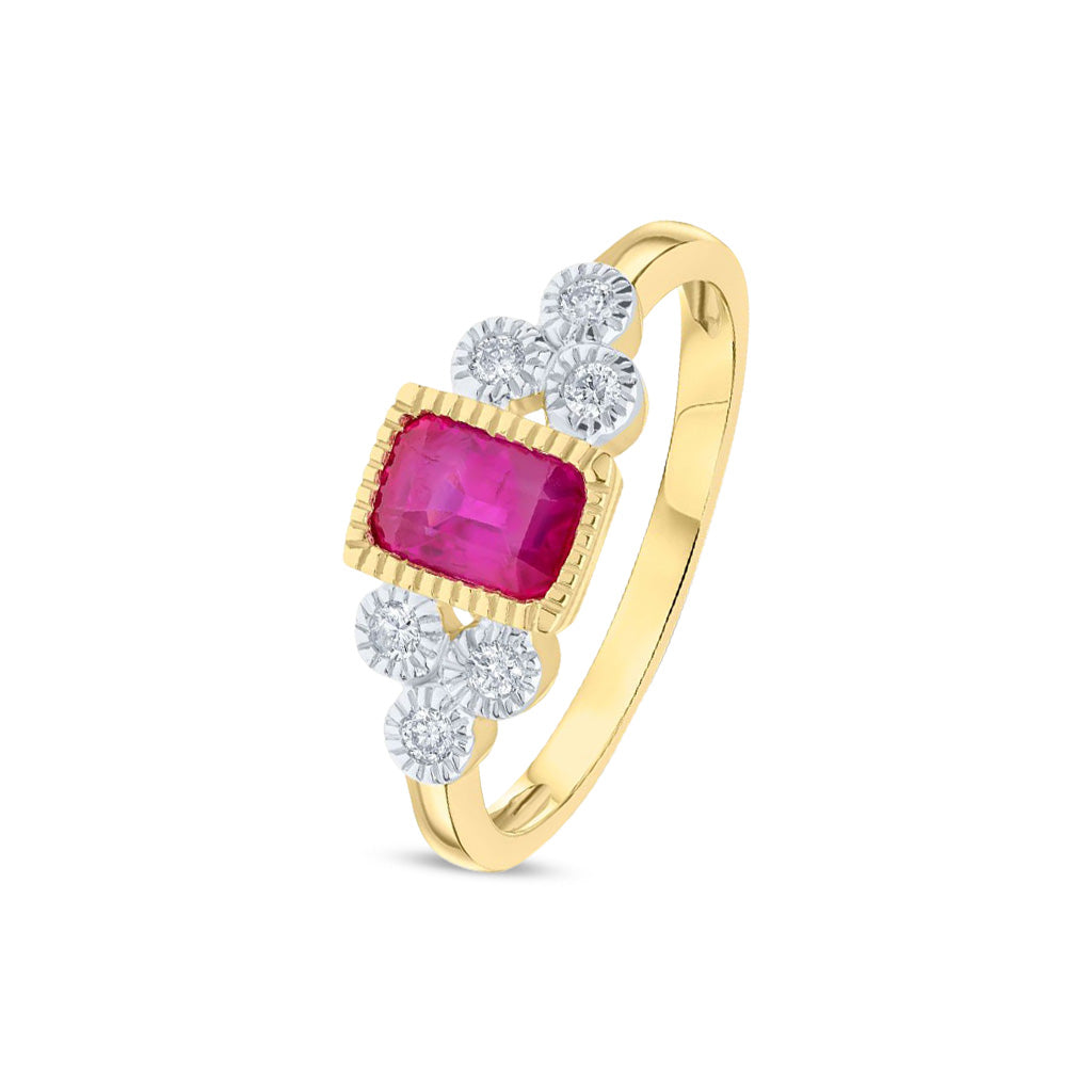 9ct Yellow Gold Octagonal Emerald Cut Natural Ruby and Diamond Millegrain Trefoil Ring — 6x4mm