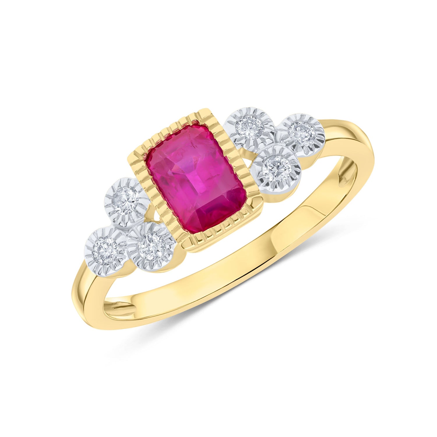 9ct Yellow Gold Octagon Ruby & Diamond Trefoil Shoulder Millegrain Ring — 6x4m
