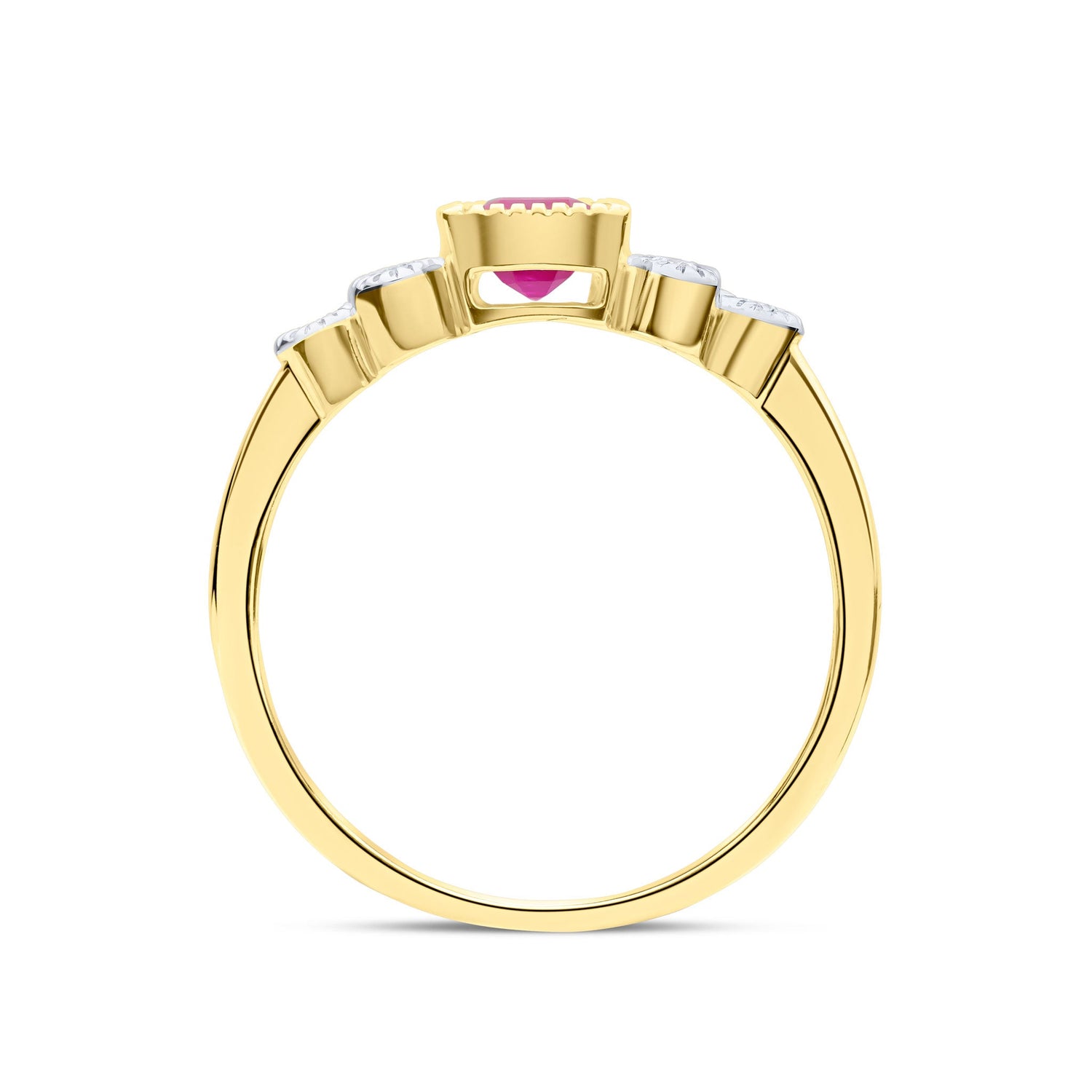9ct Yellow Gold Octagon Ruby & Diamond Trefoil Shoulder Millegrain Ring — 6x4m