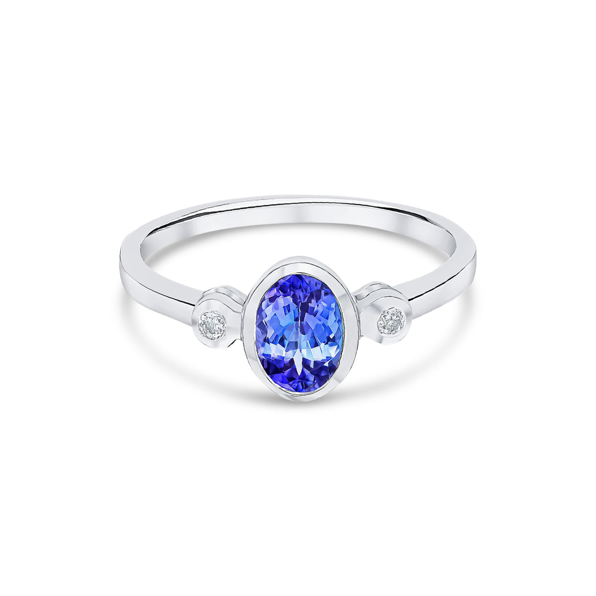 9ct White Gold Oval Natural Tanzanite and Round Diamond Three Stone Rubover Ring