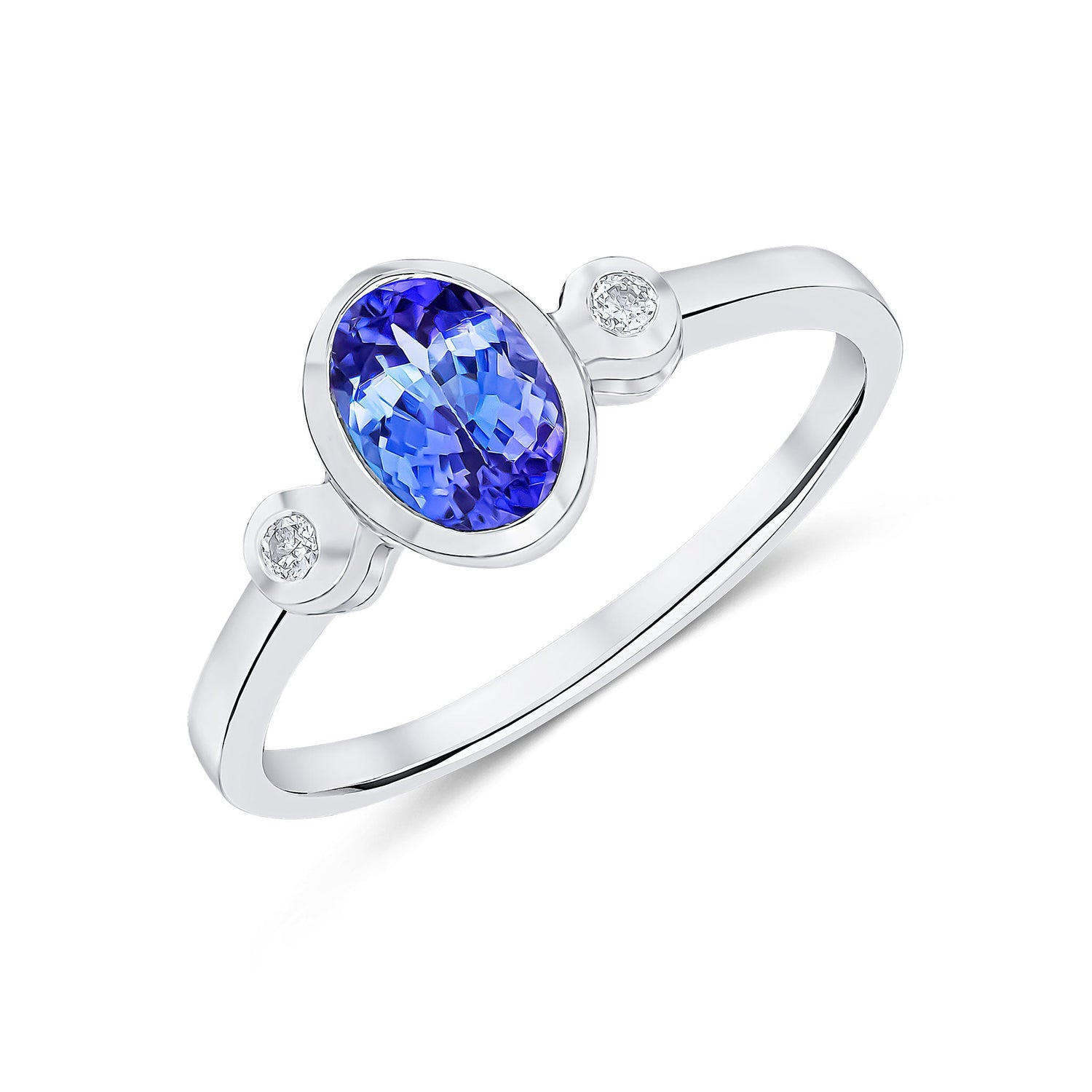 9ct White Gold Oval Tanzanite and Round Diamond Three Stone Rubover Ring