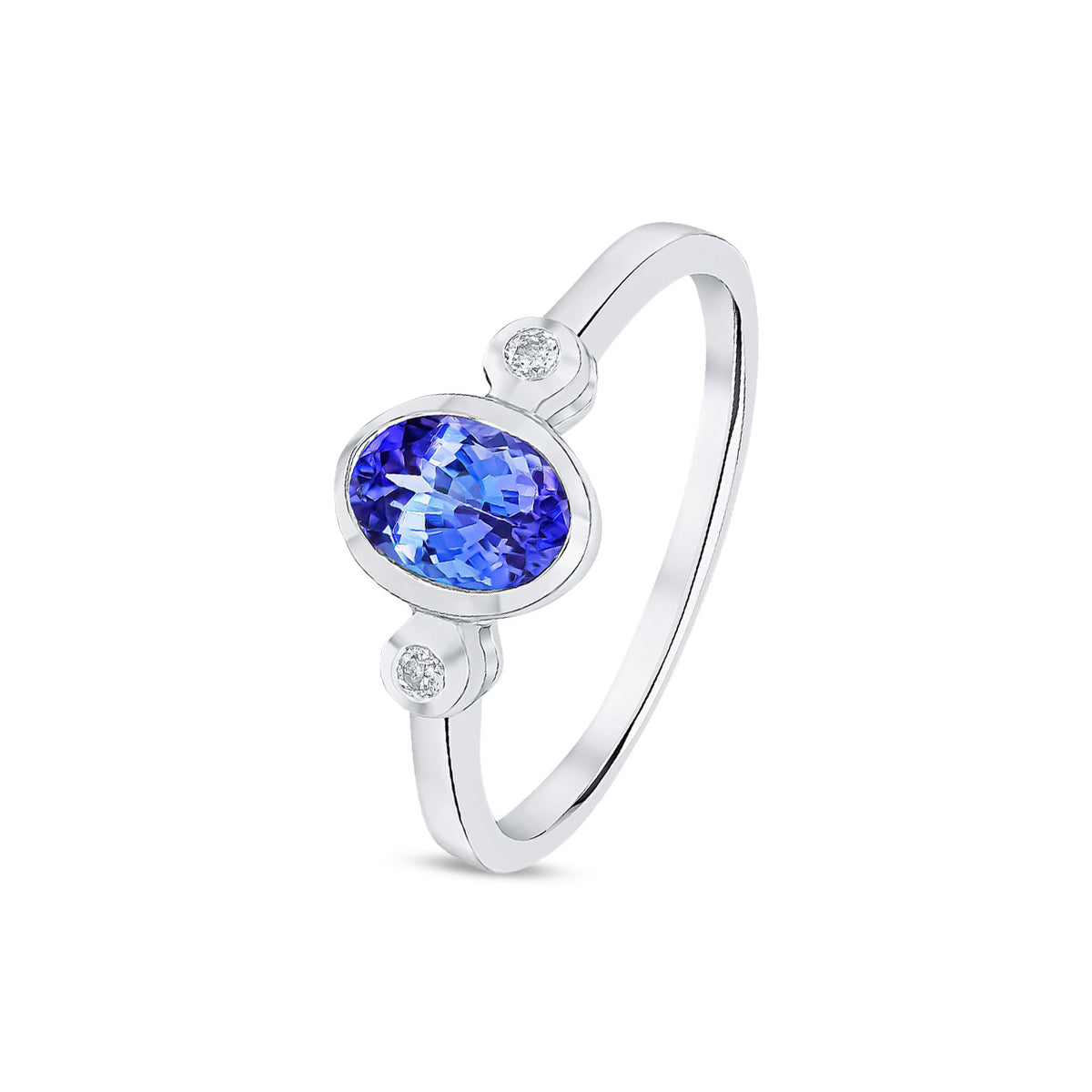 9ct White Gold Oval Natural Tanzanite and Round Diamond Three Stone Rubover Ring