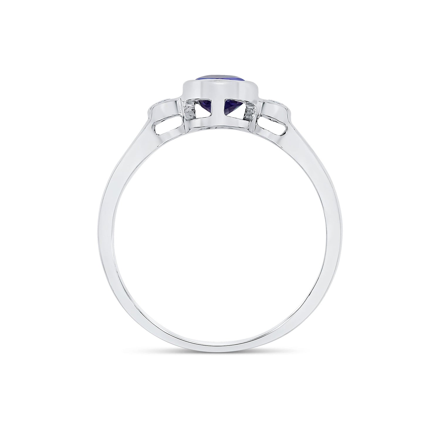 9ct White Gold Oval Tanzanite and Round Diamond Three Stone Rubover Ring