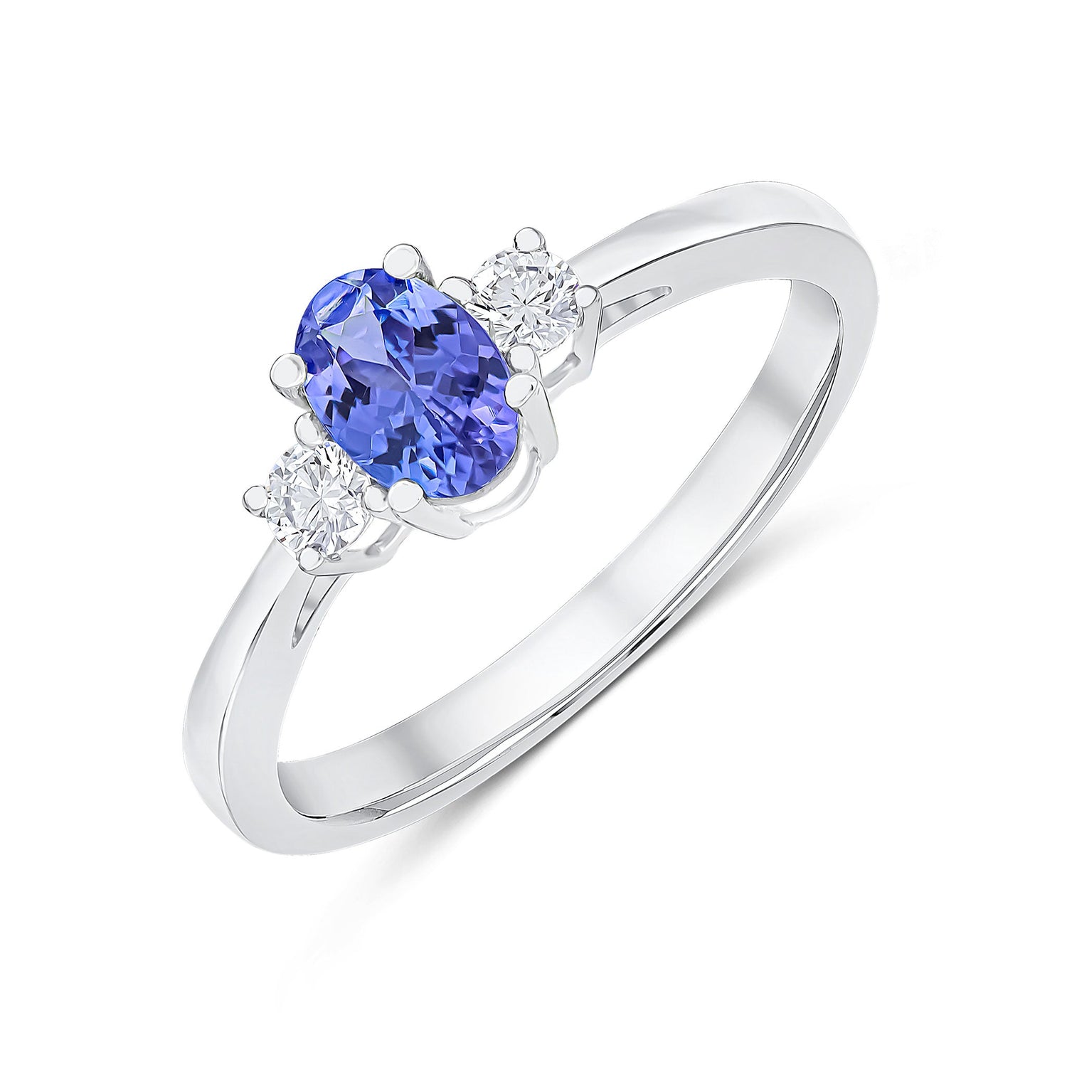 9ct White Gold Oval Tanzanite and Diamond Claw Three Stone Ring — 6x4mm