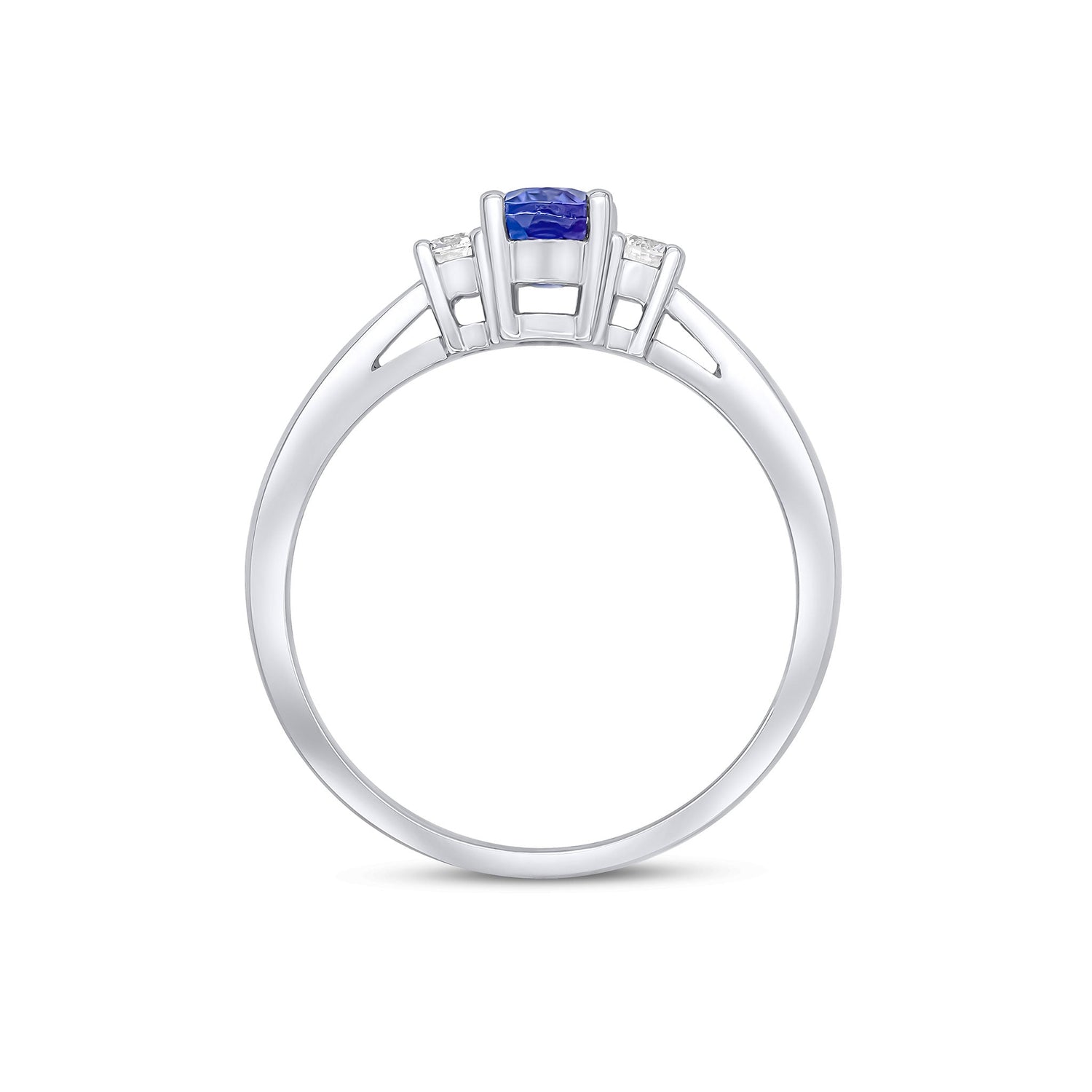 9ct White Gold Oval Tanzanite and Diamond Claw Three Stone Ring — 6x4mm
