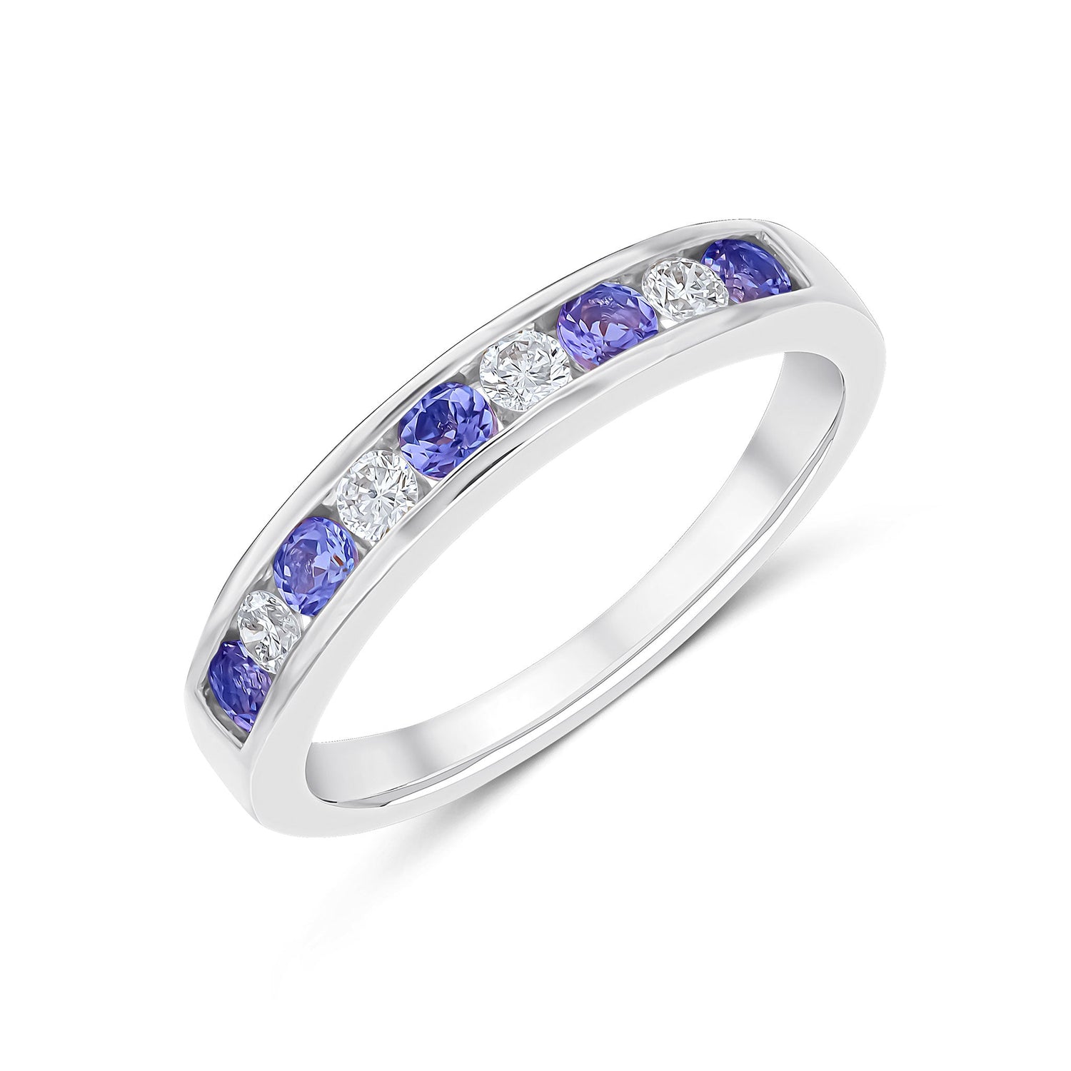 9ct White Gold Round Natural Tanzanite and Diamond Nine Stone Half Eternity Ring