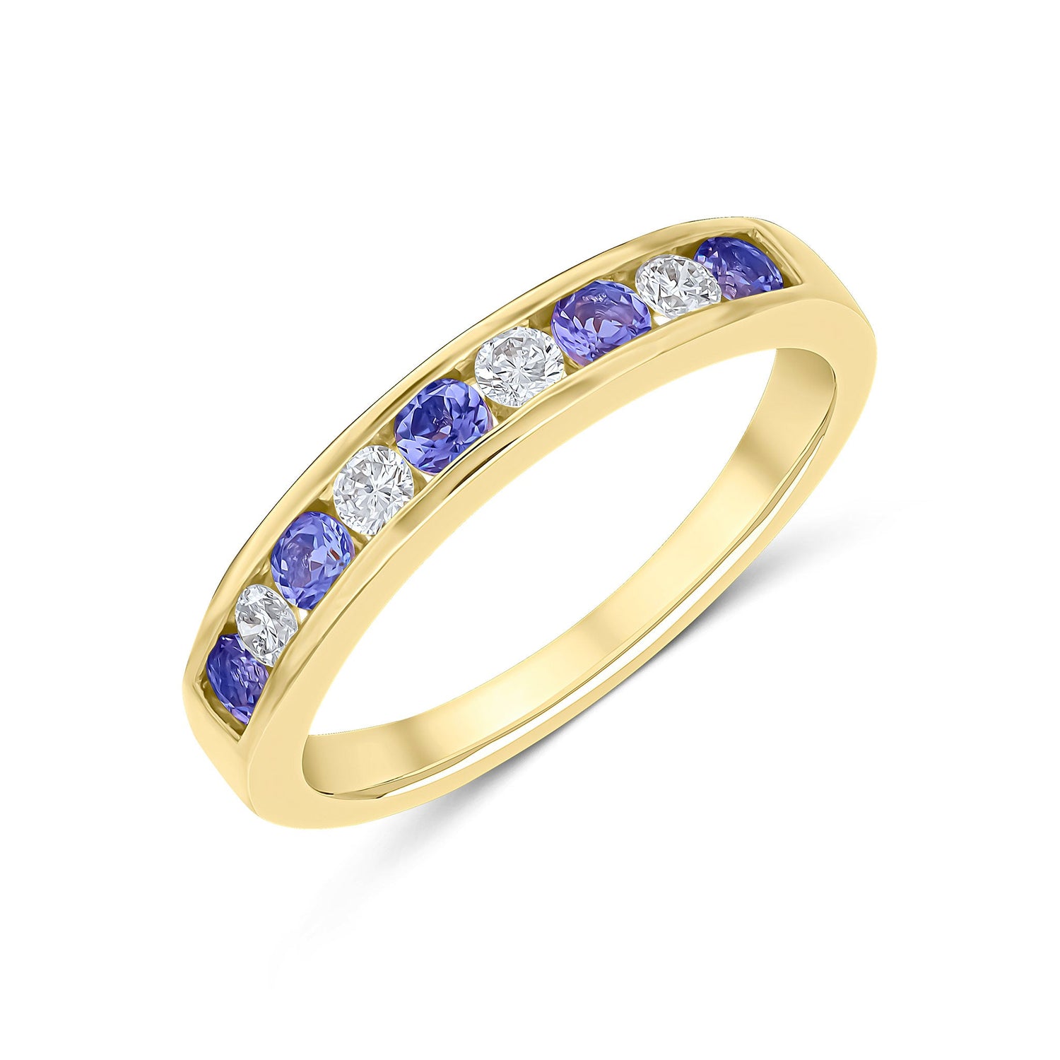 9ct Yellow Gold Round Natural Tanzanite and Diamond Nine Stone Half Eternity Ring