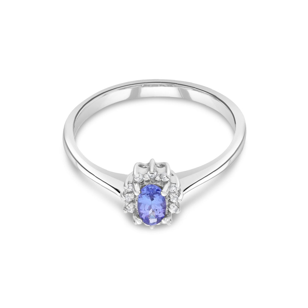 9ct White Gold Oval Natural Tanzanite and Diamond Claw Set Cluster Ring — 5x3mm