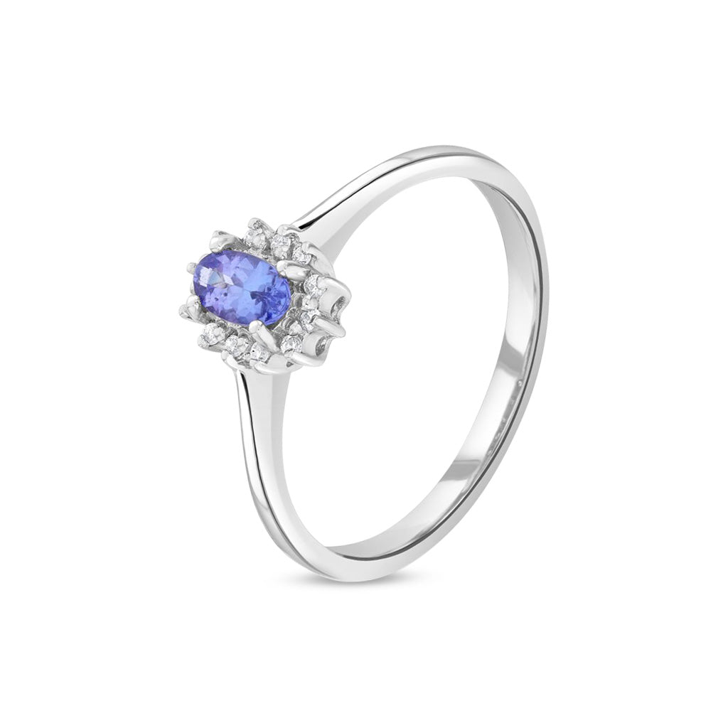 9ct White Gold Oval Natural Tanzanite and Diamond Claw Set Cluster Ring — 5x3mm