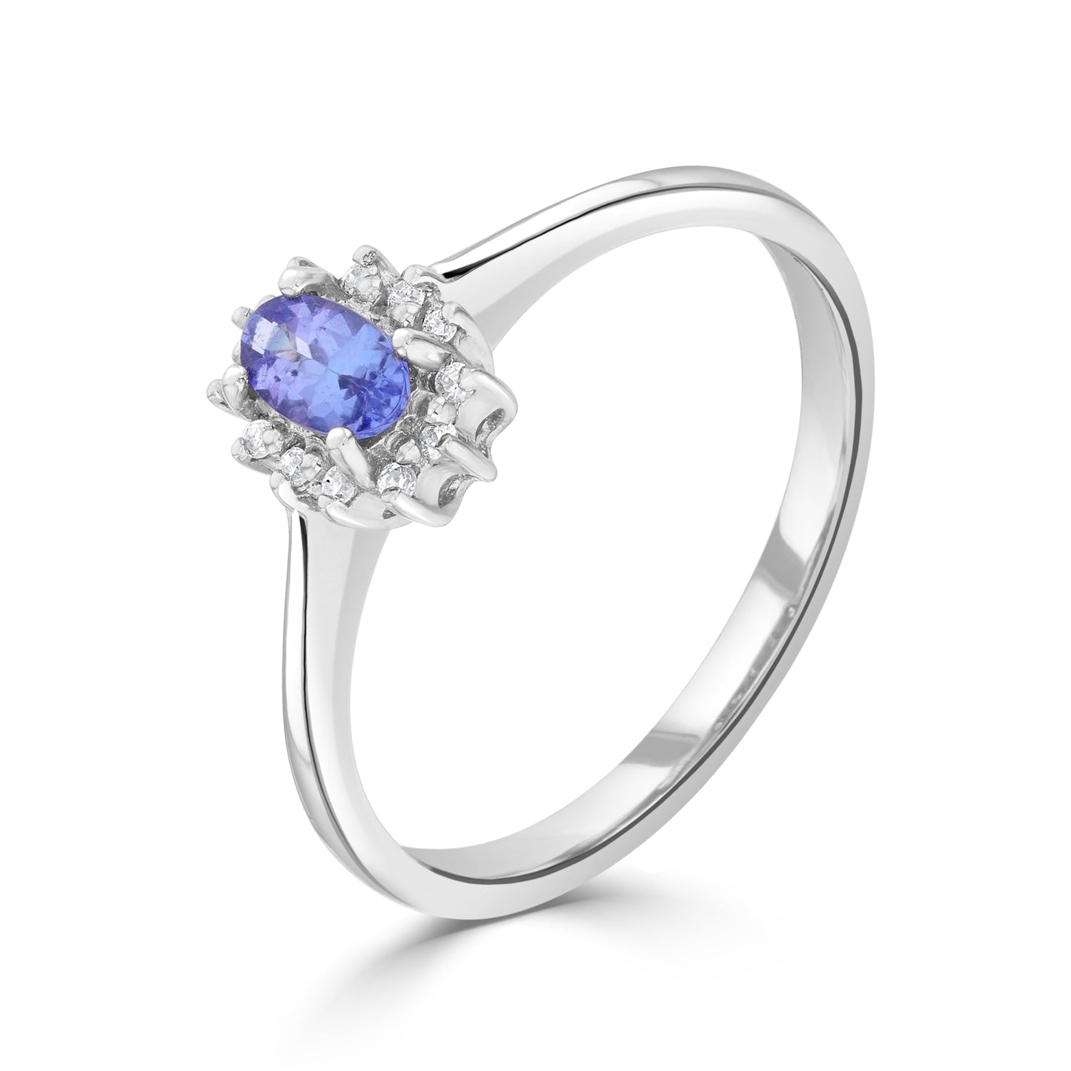 9ct White Gold Oval Tanzanite & Diamond Claw Set Cluster Ring — 5x3mm