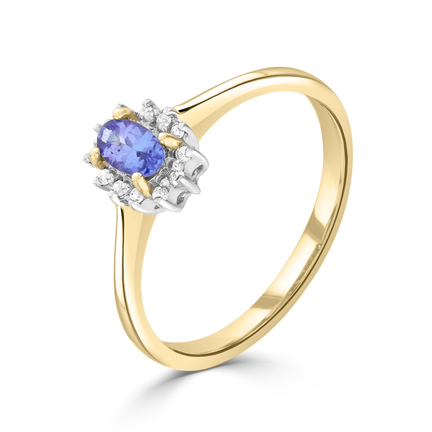 9ct Yellow Gold Oval Natural Tanzanite and Diamond Cluster Ring —5x3mm