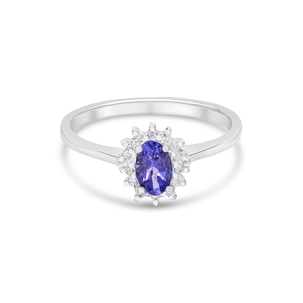 9ct White Gold Oval Natural Tanzanite and Diamond Claw Set Cluster Ring — 6x4mm