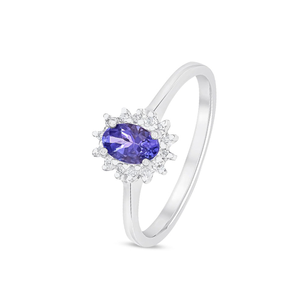 9ct White Gold Oval Natural Tanzanite and Diamond Claw Set Cluster Ring — 6x4mm
